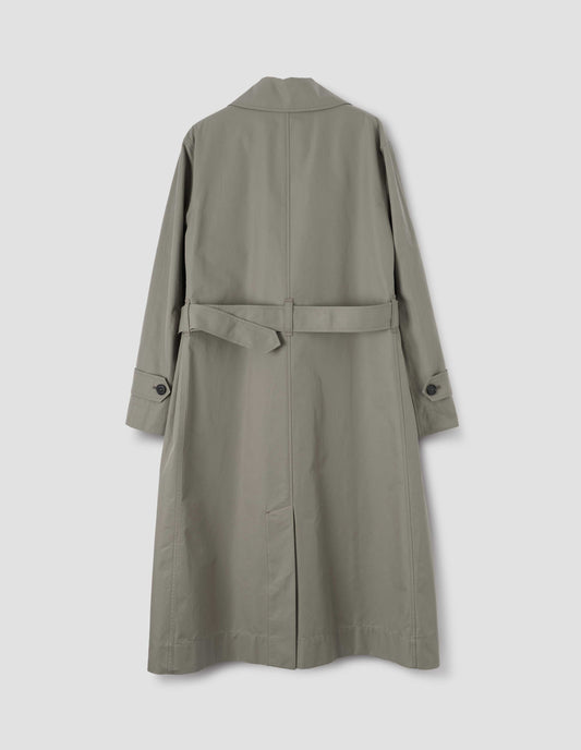 Beige/khaki long mac with button tab cuffs, back vent and detachable leather buckle belt, back flat lay view.