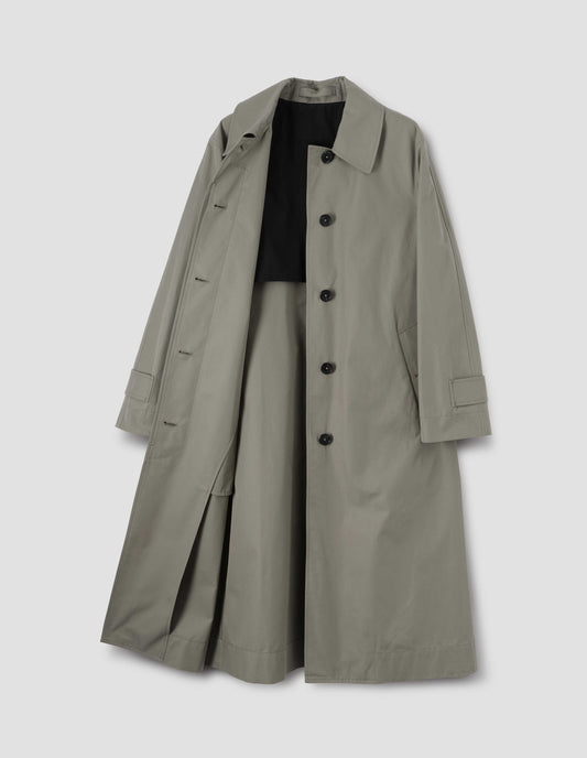 Beige/khaki long mac with button fastening, button welt pockets and tab cuffs. With buggy lining and a detachable leather buckle belt, front open flat lay view.