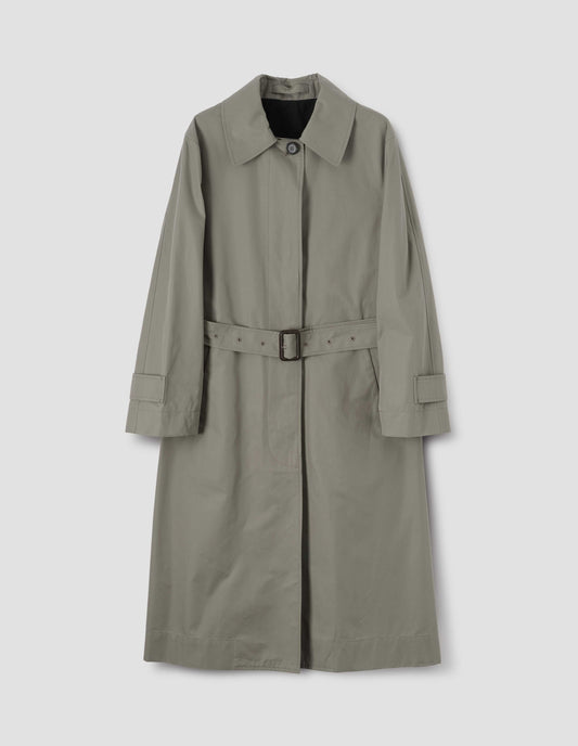 Beige/khaki long mac with button fastening, button welt pockets and button tab cuffs, with a detachable leather buckle belt, front flat lay view.