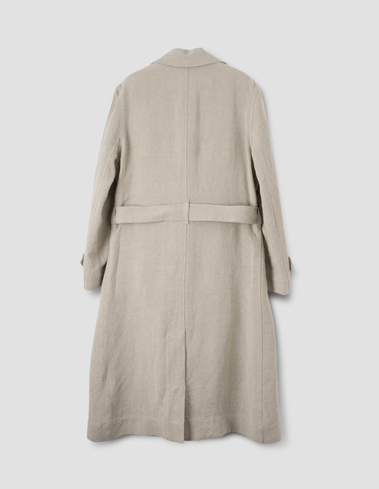 Beige long linen mac with button tab cuffs, back vent and detachable leather buckle belt, back flat lay view.