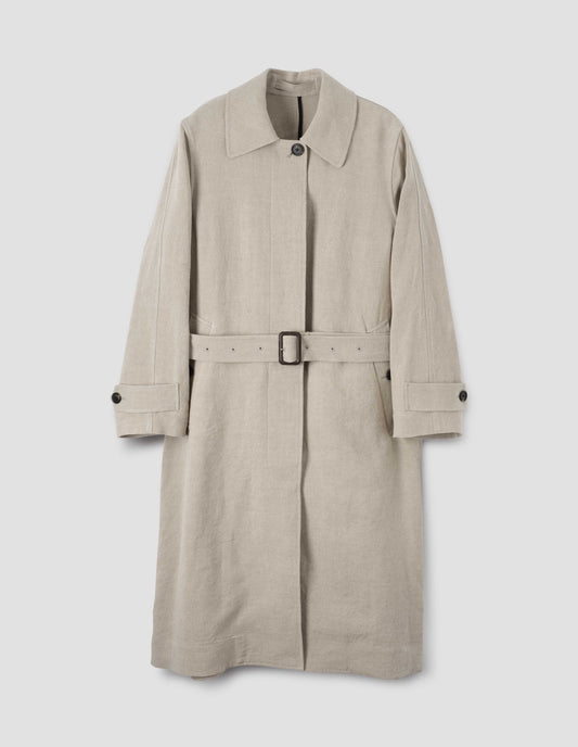 Beige long linen mac with button fastening, button welt pockets and button tab cuffs, with a detachable leather buckle belt, front flat lay view.
