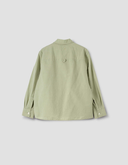 Light green  long sleeve shirt, with corozo button cuffs and hanger loop on back yoke, back flat lay view.