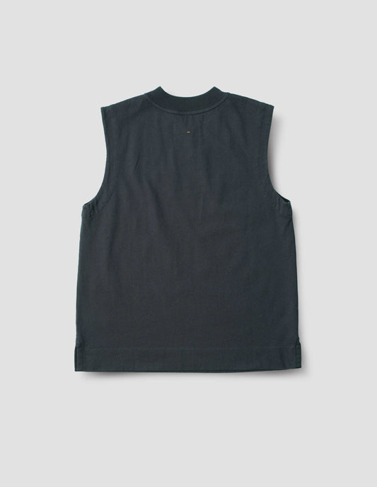 Dark blue sleeveless top with button-through shoulder with ribbed neckline and side split hem, back flat lay view.