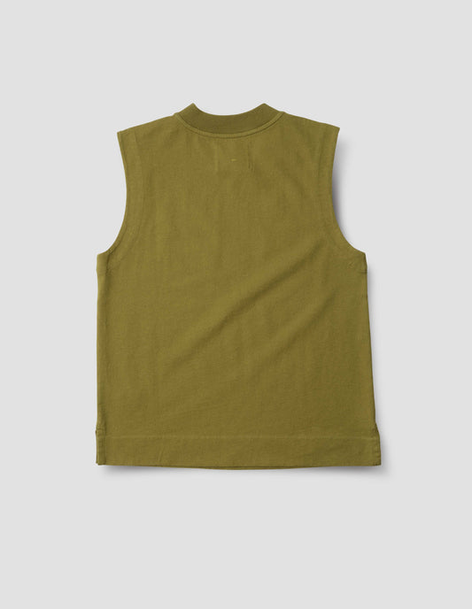 Green sleeveless top with button-through shoulder with ribbed neckline and side split hem, back flat lay view.