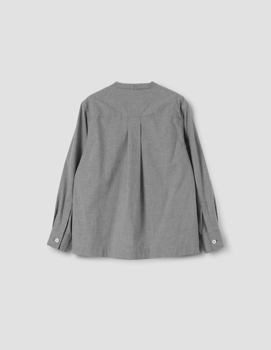 Grey long sleeve collarless shirt, with corozo button cuffs and box pleat on back yoke, back flat lay view. 