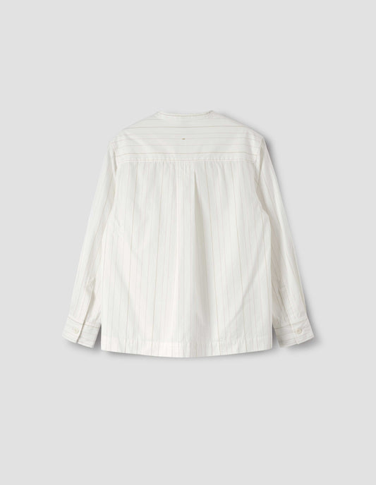 White and olive green striped long sleeve collarless shirt, with corozo button cuffs and box pleat on back yoke, back flat lay view.