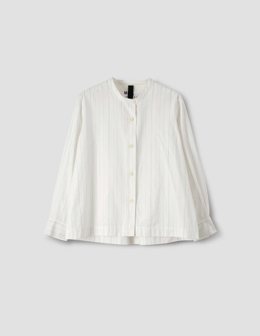 White and olive green striped long sleeve collarless shirt, with corozo button closure, front flat lay view. 