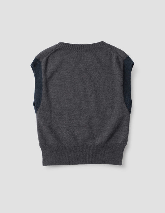 Grey knitted slipover with ribbed hem and neckline and blue ribbed armholes, back flat lay view.