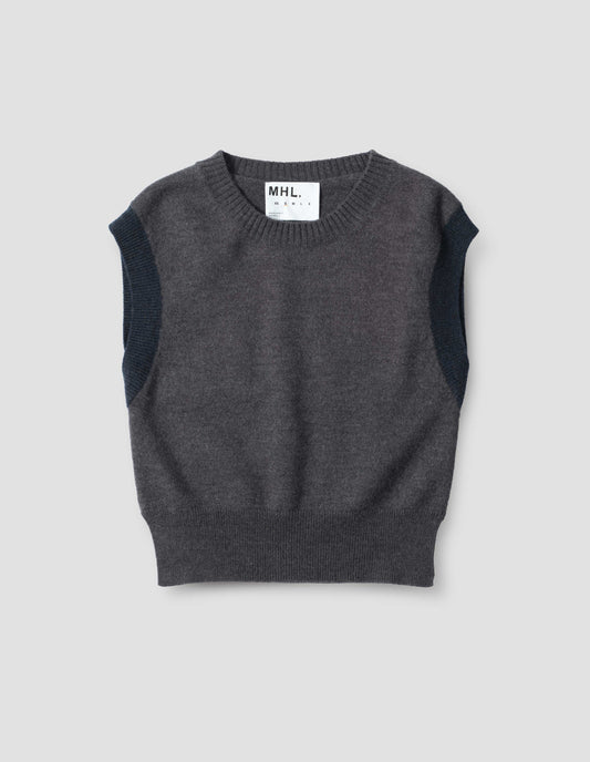Grey knitted slipover with ribbed hem and neckline and blue ribbed armholes, front flat lay view.