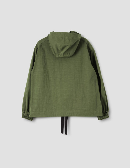 Green hooded jacket with drawcord adjusters and elasticated cuffs, back flat lay view.