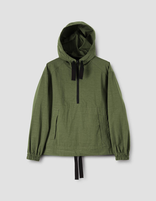 Green hooded jacket with drawcord adjusters, kangaroo pocket, half zip fastening and elasticated cuffs, front flat lay view.