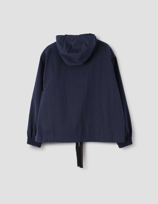 Navy blue hooded jacket with drawcord adjusters and elasticated cuffs, back flat lay view.