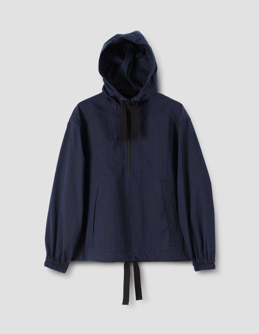 Navy blue hooded jacket with drawcord adjusters, kangaroo pocket, half zip fastening and elasticated cuffs, front flat lay view.