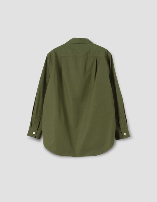 Green longline, long sleeve shirt with pleated back yoke and elongated hem, back flat lay view.