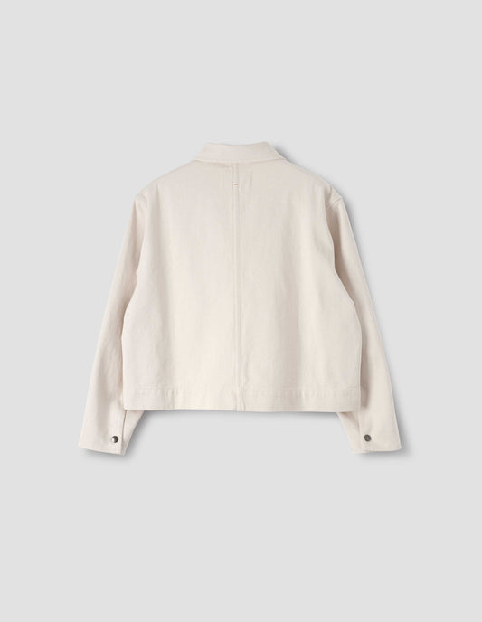 White cropped jacket with two front zip pockets and concealed press stud fastening and cuffs, back flat lay view