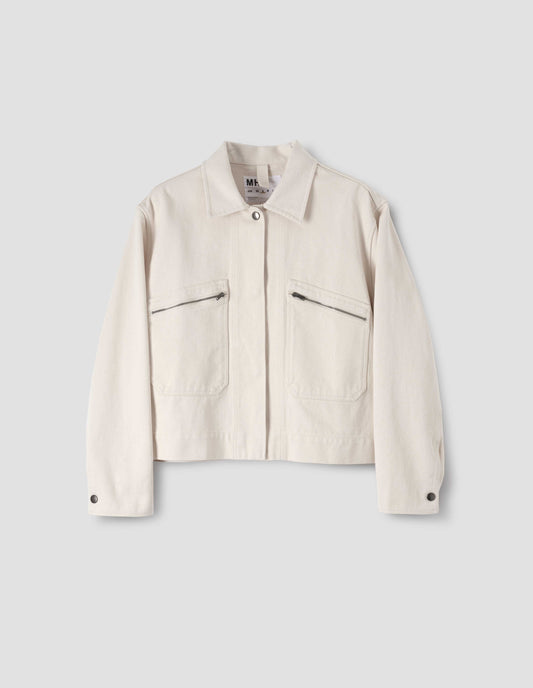 White cropped jacket with two front zip pockets and concealed press stud fastening and cuffs, front flat lay view
