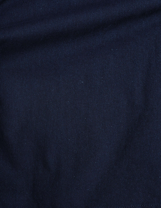 Indigo blue cropped jacket yarn dye indigo fabric swatch.