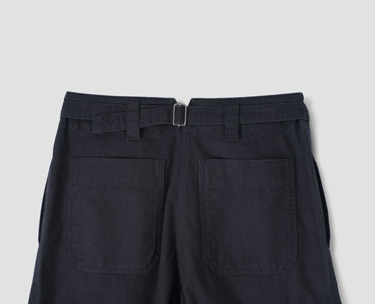 Dark blue trousers with cinch back, side and  back pockets, back flat lay view.