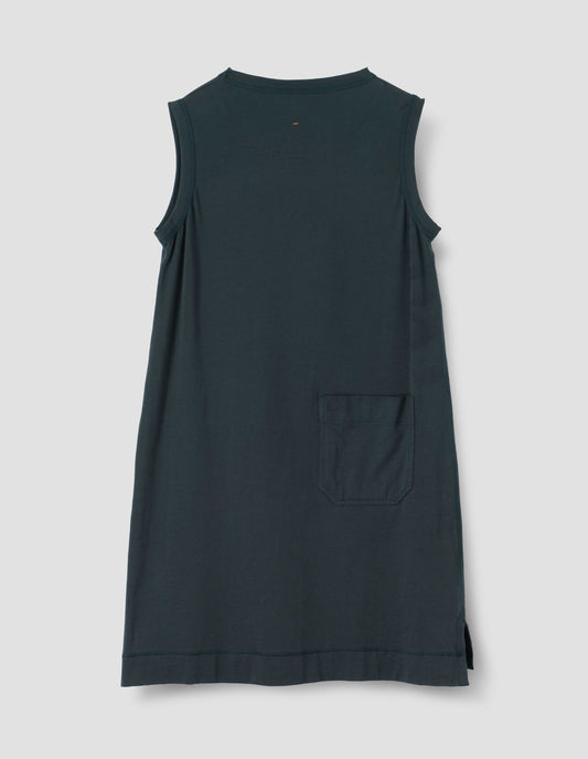 Blue-green sleeveless and collarless dress with split side hem and patch back pocket, back flat lay view.