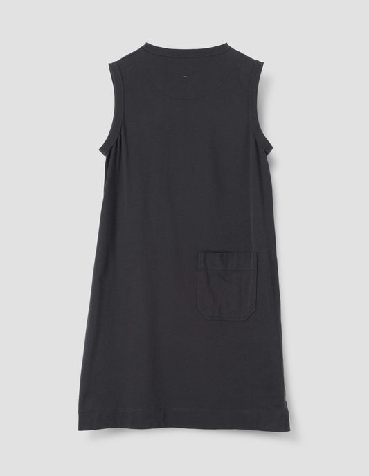 Black sleeveless and collarless dress with split side hem and patch back pocket, back flat lay view.