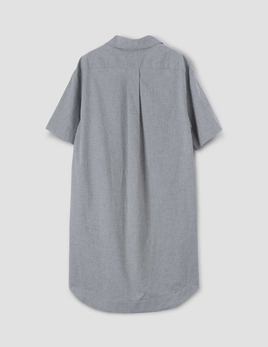 Grey shirt dress with short sleeves and back pleat, back flat lay view.