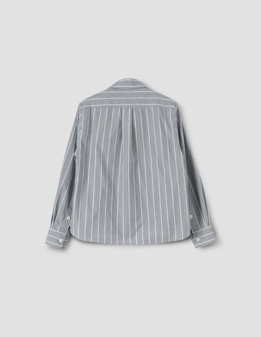 Blue and white striped long sleeve shirt with corozo button cuffs and box pleat on back yoke, back flat lay view. 
