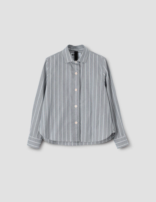 Blue and white striped long sleeve shirt with corozo button closure, front flat lay view. 