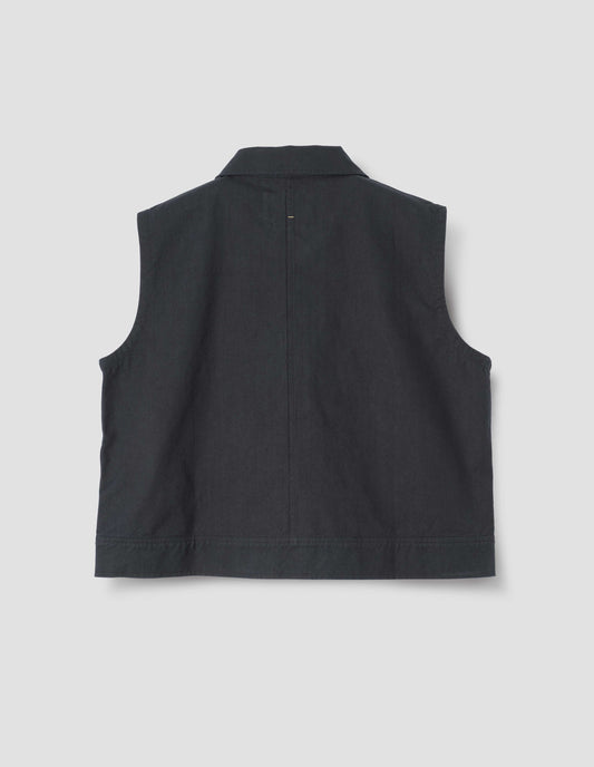 Navy blue sleeveless shirt, back flat lay view. 