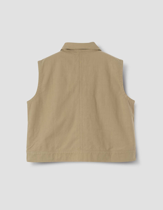 Beige sleeveless shirt, back flat lay view. 