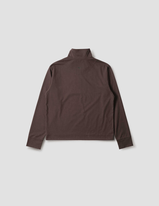 Brown high neck sweatshirt with small black Mizuno logo, back flat lay view.