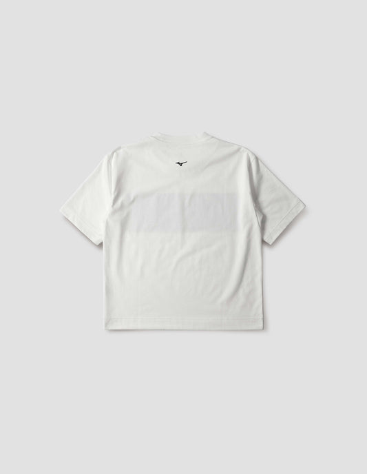 White t-shirt with small black Mizuno logo, back flat lay view.