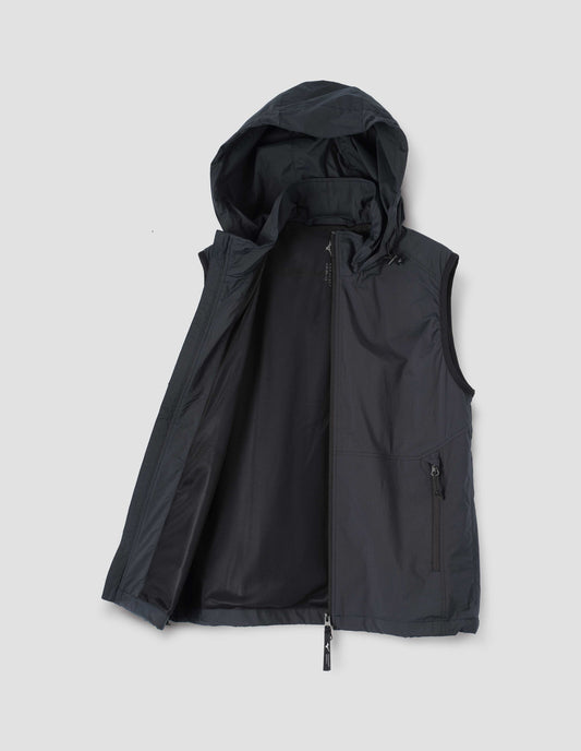 Dark blue gilet with side zip pockets, zip fastening and hood with elastic adjuster, front open flat lay view.
