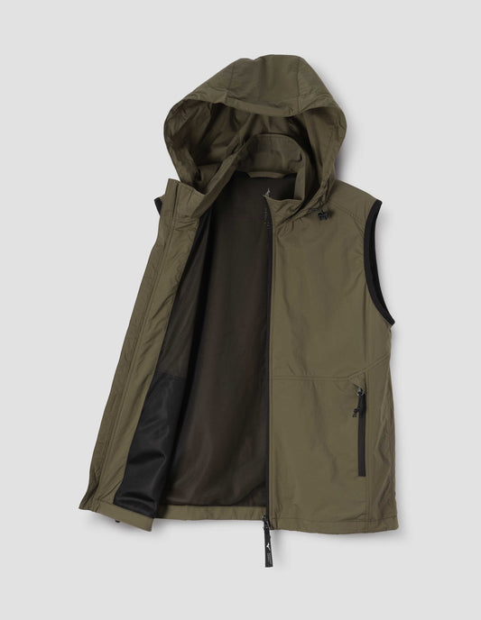 Green gilet with side zip pockets, zip fastening and hood with elastic adjuster, front open flat lay view.