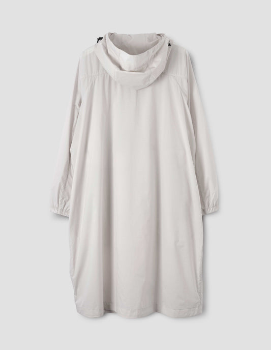 Light grey boxy hooded coat with elasticated toggle adjusters and elasticated cuffs, back flat lay view.