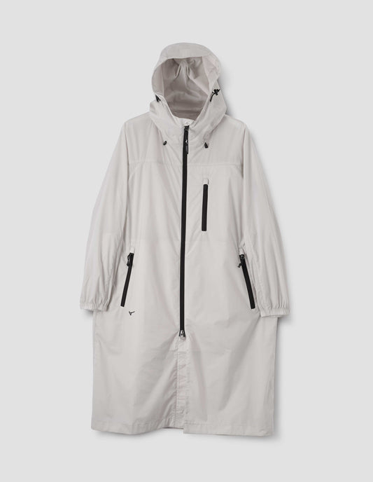 Light grey boxy hooded coat with elasticated toggle adjusters, zip fastening, zip side and chest pockets, elasticated cuffs and small black Mizuno logo, front flat lay view.