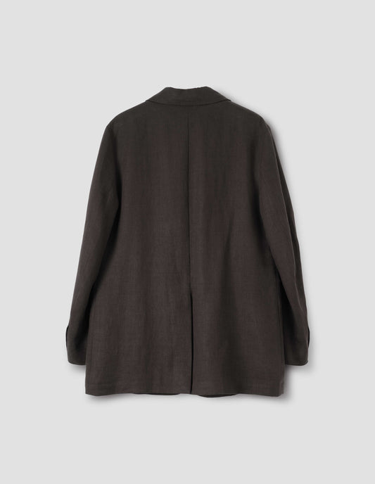 Brown linen blazer with horn button cuff sleeves and centre back vent, back flat lay view.