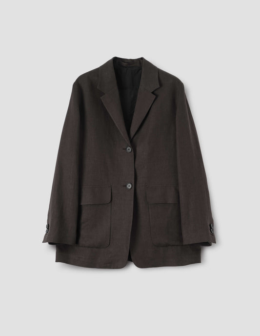 Brown linen blazer with two horn  button closure, horn button cuff sleeves and front flap pockets, front flat lay view.