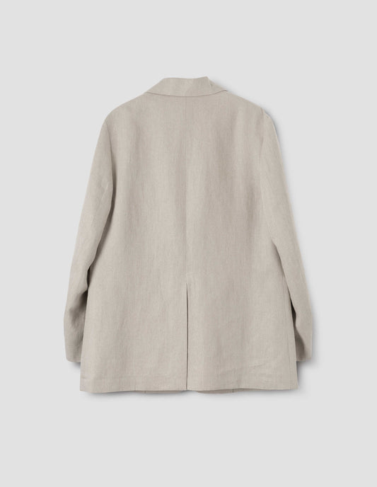 Beige linen blazer with centre back vent, back flat lay view.