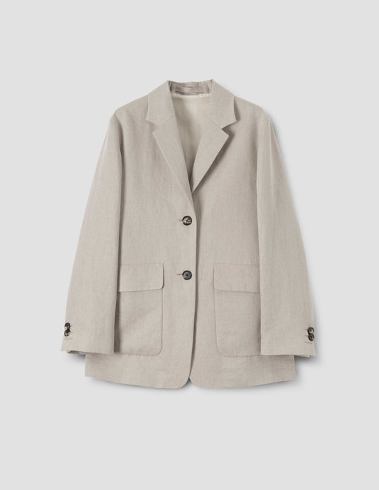 Beige linen blazer with two horn button closure, button cuff sleeves and front flap pockets, front flat lay view.