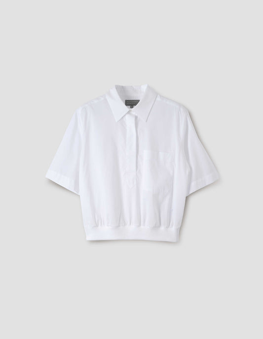 White shirt with button fly fastening, chest pocket and contrasting elasticated hem, front view.