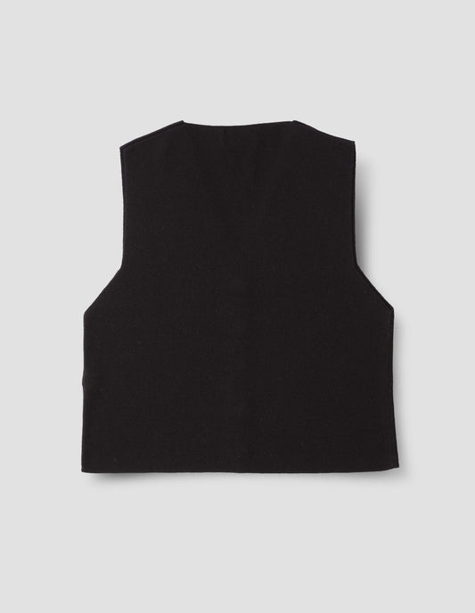 Black knitted waistcoat, back flat lay view.