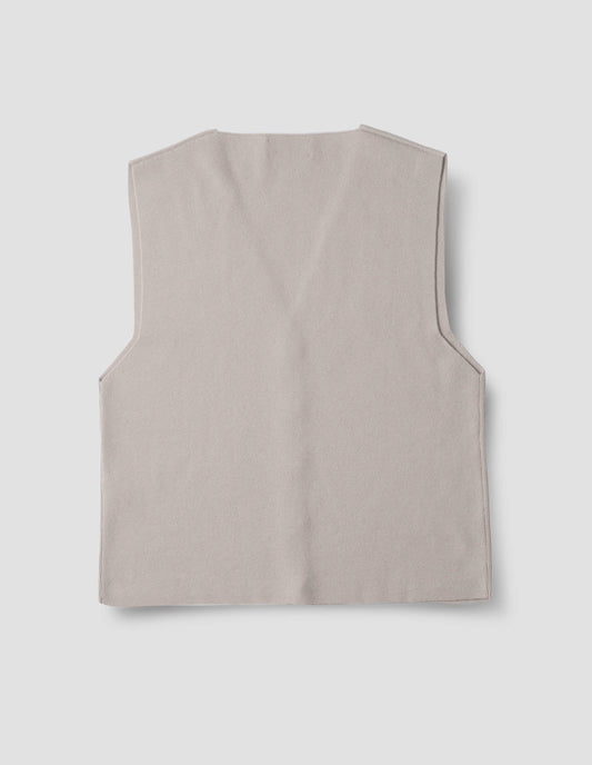 Light grey knitted waistcoat, back flat lay view.