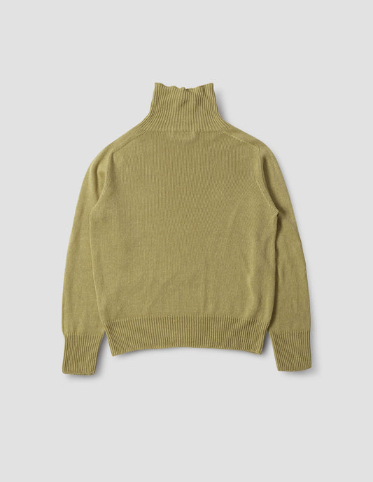Green roll neck jumper, back flat lay view.