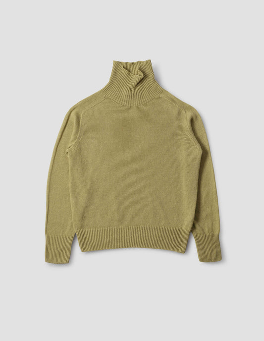 Green roll neck jumper, front flat lay view.
