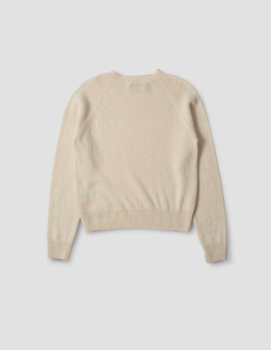 Beige crew neck jumper with raglan sleeves, back flat lay view.