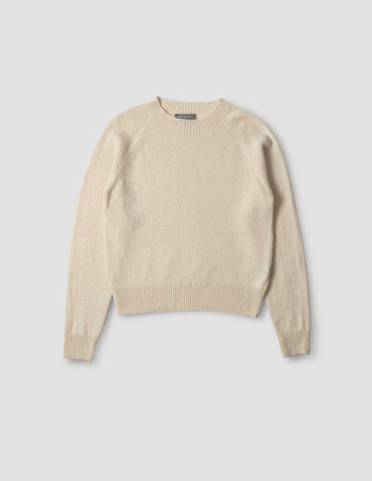 Beige crew neck jumper with raglan sleeves, front flat lay view.