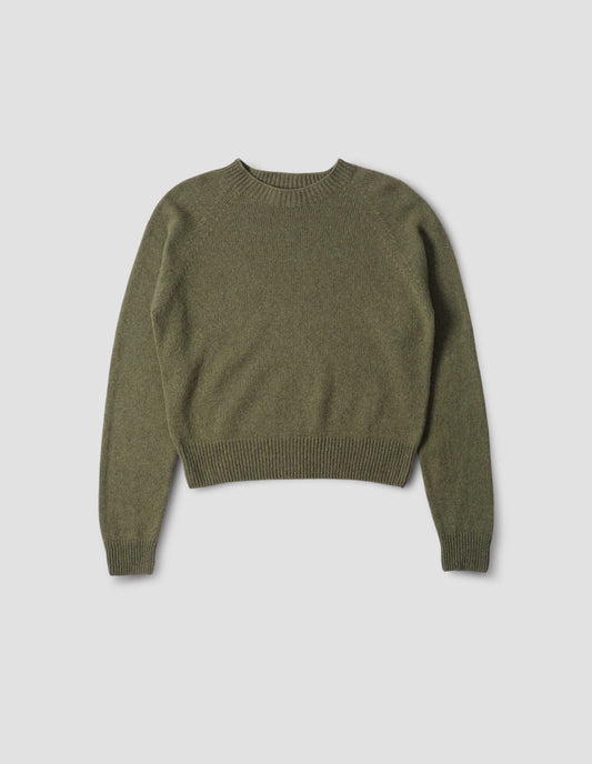 Green crew neck jumper with raglan sleeves, front flat lay view.