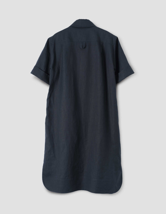 Dark blue shirt dress with short sleeves and hanger loop detail on back, back flat lay view.