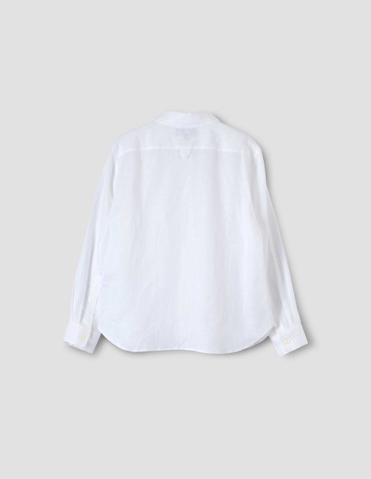 White linen long sleeve shirt with hang loop on back yoke, back flat lay view.