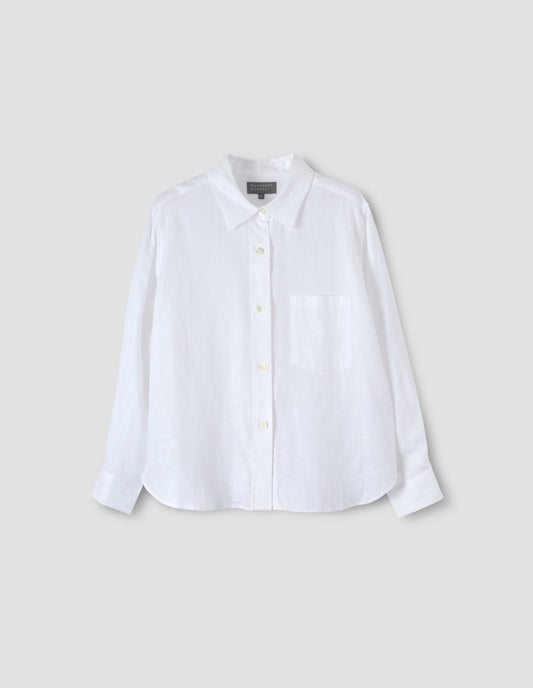 White linen long sleeve shirt with mother of pearl buttons and chest pocket, front flat lay view.